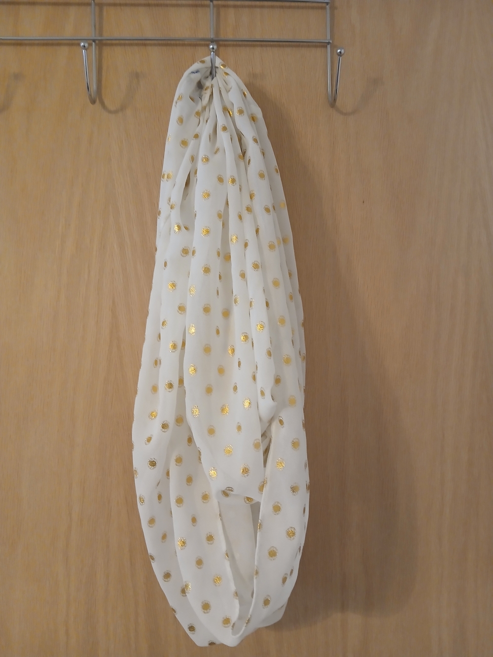 White Infinity Scarf with Gold Polka Dots - Lightweight Women’s Wrap